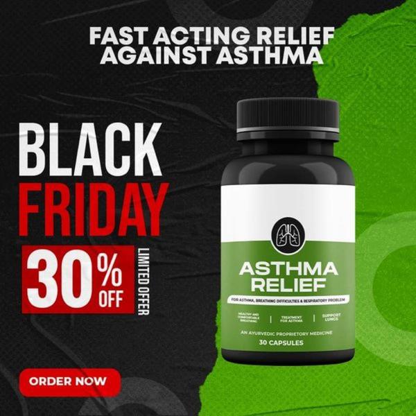 A 1:1 ratio static advertisement showcasing a bottle of Asthma Relief capsules with a clear 30% off Black Friday discount call-to-action.